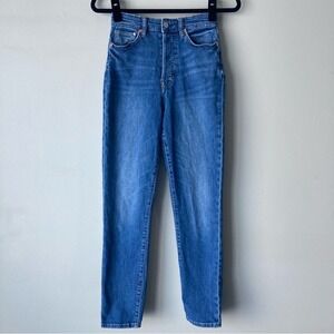 &Denim Women‎ Blue High Waisted Mom Jeans Button Fly Size 2 Tapered Leg